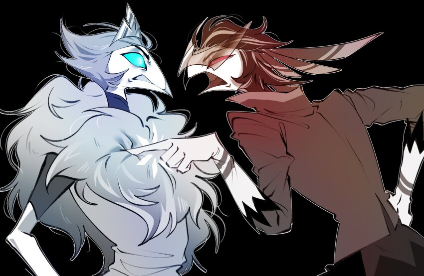 2boys, a_ing_gim, andrealphus_(helluva_boss), bird_boy, blue_dress, blue_eyes, dress, formal_clothes