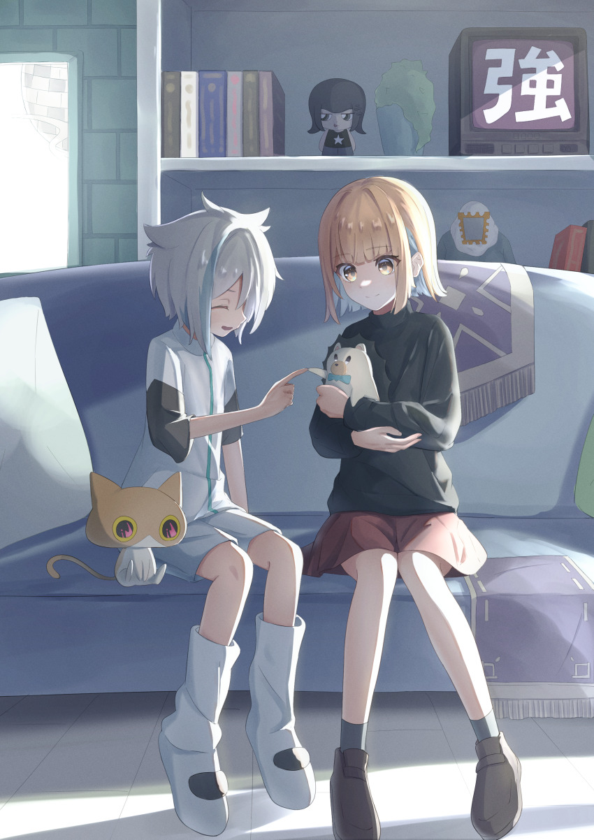 2girls, absurdres, animal, aqua_trim, black_socks, black_sweater, blonde_hair, blue_hair, brown_footwear, brown_skirt, byoushin_wo_kamu_(zutomayo), cat, character_doll, closed_eyes, colored_inner_hair, couch, doll, fuhou_shinnyuu_(zutomayo), grey_shorts, hedgehog, highres, holding, holding_animal, kazueru, multicolored_hair, multiple_girls, nira-chan, nira-chan_(byoushin_wo_kamu)_(zutomayo), on_couch, rani_(zutomayo), shogast, shorts, sitting, skirt, socks, streaked_hair, sweater, television, uniguri_(zutomayo), white_footwear, white_hair, yellow_eyes, zutto_mayonaka_de_ii_no_ni