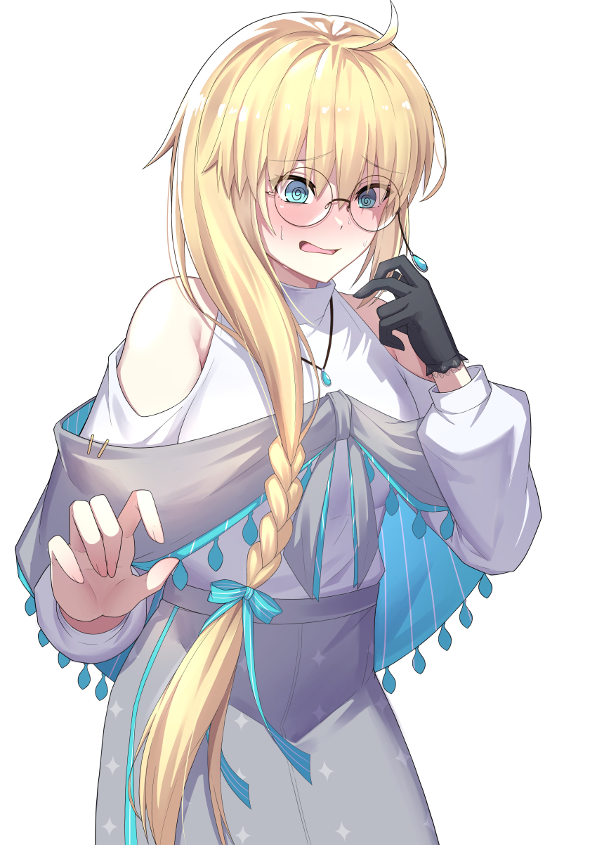 1girl, @_@, absurdres, aesc_(fate), aesc_(rain_witch)_(fate), aesc_(satellite_station_24-25)_(fate), ahoge, black_gloves, blonde_hair, blue_eyes, blush, braid, breasts, clothing_cutout, fate/grand_order, fate_(series), glasses, gloves, grey_skirt, highres, long_hair, long_sleeves, medium_breasts, natu_zame, open_mouth, round_eyewear, shirt, shoulder_cutout, side_ponytail, single_glove, skirt, solo, white_shirt