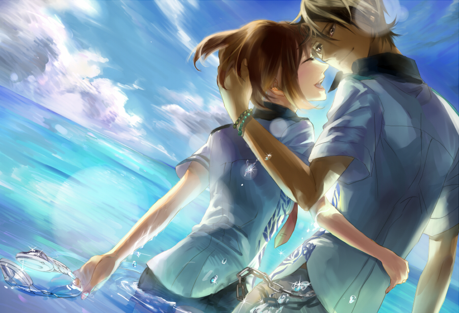 10s, 1boy, 1girl, arm_around_another's_waist, asagi_akira_(scared_rider_xechs), brown_hair, chain, dutch_angle