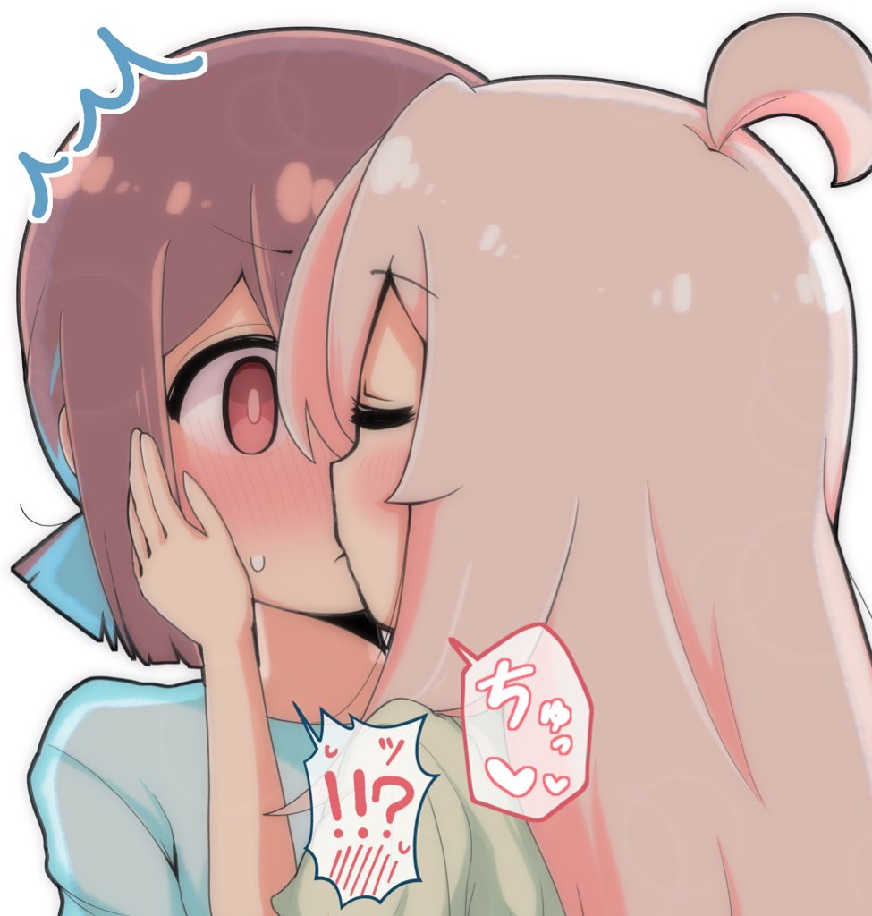 !?, 2girls, ^^^, ahoge, blush, brown_eyes, brown_hair, closed_eyes