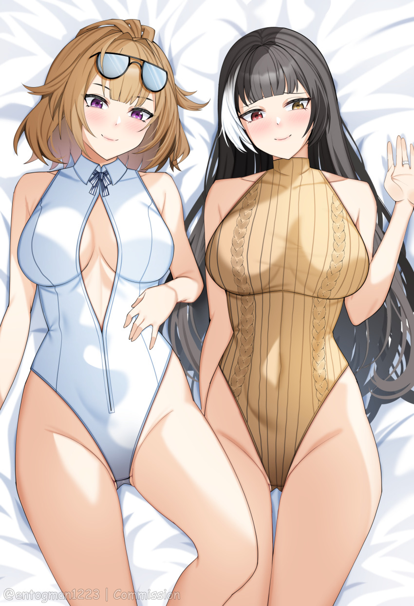 2girls, alternate_costume, artist_name, bear_necklace, black_choker, black_hair, breasts, breasts_apart