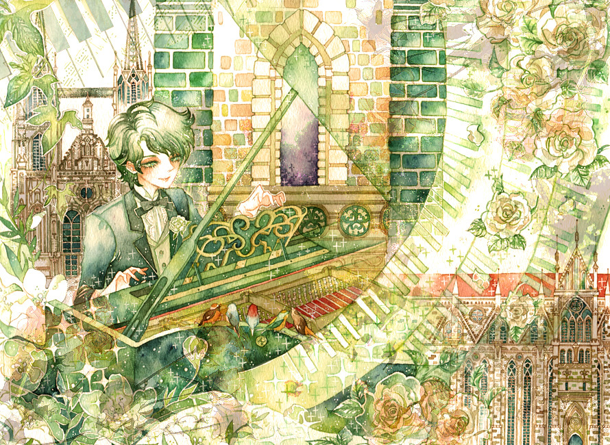 1boy, bad_id, bad_pixiv_id, bird, flower, green_hair, instrument, male_focus