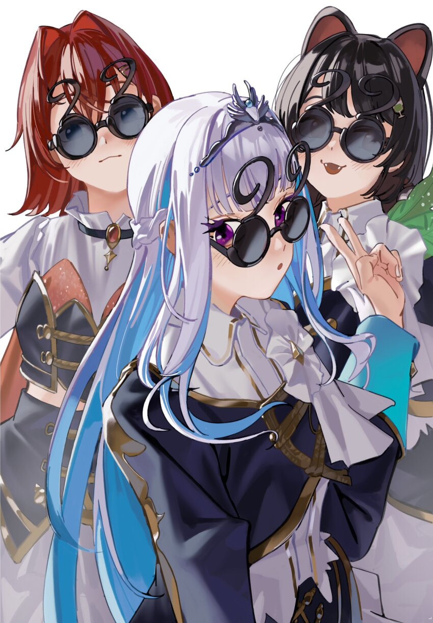 3girls, :3, :o, ange_katrina, animal_ears, blue_hair, blue_jacket, blue_skirt