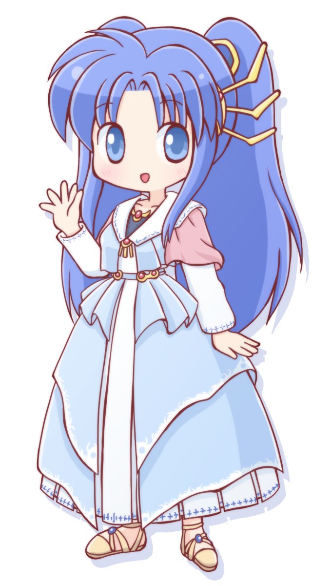 1girl, blue_dress, blue_eyes, blue_hair, commentary_request, curtained_hair, deformed, dina_(eiyuu_densetsu), dragon_slayer_(series), dragon_slayer_eiyuu_densetsu, dress, eiyuu_densetsu, full_body, highres, long_hair, ma-bonasu, simple_background, solo, standing, twintails, waving, white_background, white_dress