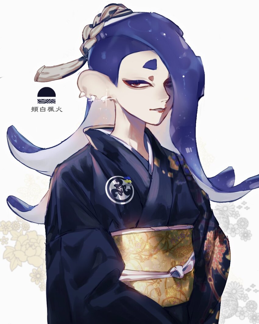 1girl, 404_qwp, alternate_costume, alternate_hair_length, alternate_hairstyle, asymmetrical_bangs, blue_hair, blue_kimono