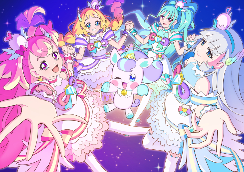 5girls, aqua_dress, aqua_hair, aqua_hairband, blonde_hair, blue_dress, blue_eyes, blue_hairband