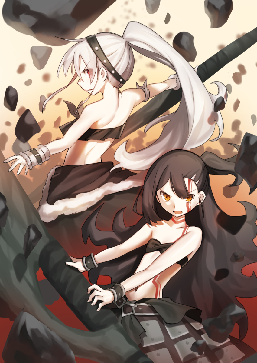 2girls, ameman, bare_arms, bare_shoulders, black_hair, black_tube_top, commentary, cosplay, english_commentary, eyes_visible_through_hair, facial_tattoo, fate/kaleid_liner_prisma_illya, fate_(series), flat_chest, floating_rock, frown, fur_trim, heracles_(fate), heracles_(fate)_(cosplay), highres, huge_weapon, illyasviel_von_einzbern, long_hair, mixed-language_commentary, miyu_edelfelt, multiple_girls, nameless_axe-sword_(fate), navel, one_side_up, orange_eyes, ponytail, red_eyes, rubble, serious, strapless, tattoo, tube_top, v-shaped_eyebrows, very_long_hair, weapon, white_hair, wrist_cuffs