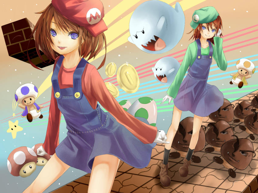 2girls, adjusting_hair, bad_id, bad_pixiv_id, blue_eyes, boo_(mario), brick, brown_hair