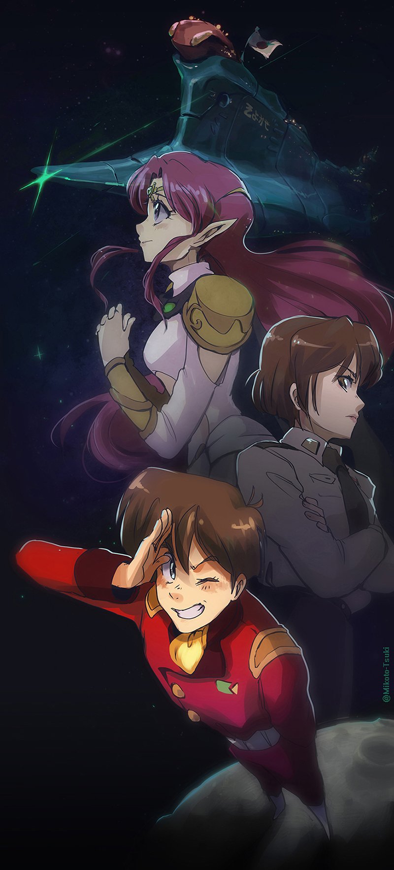 1boy, 2girls, ascot, azalyn_(musekinin_kanchou_tylor), black_necktie, brown_eyes, brown_hair, circlet