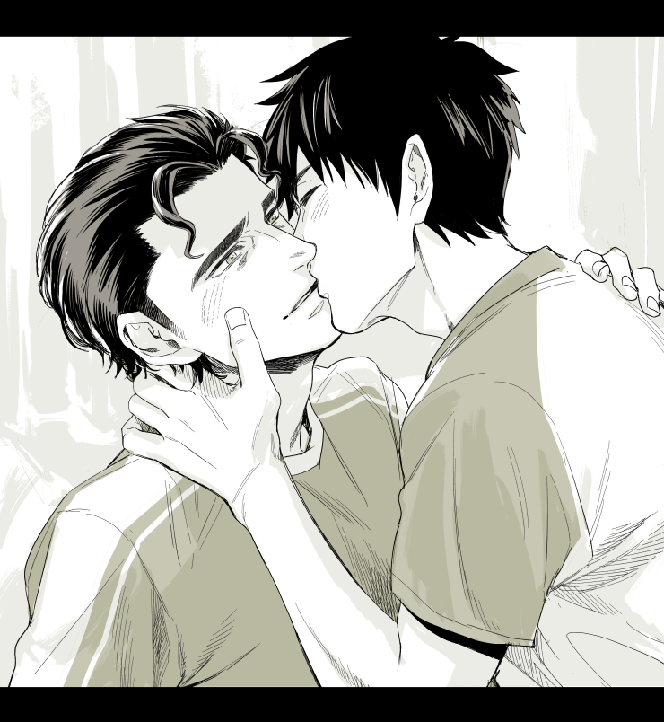 2boys, ace_of_diamond, blush, closed_eyes, egg_(cknlun), greyscale, hand_on_another's_neck, hand_on_another's_shoulder