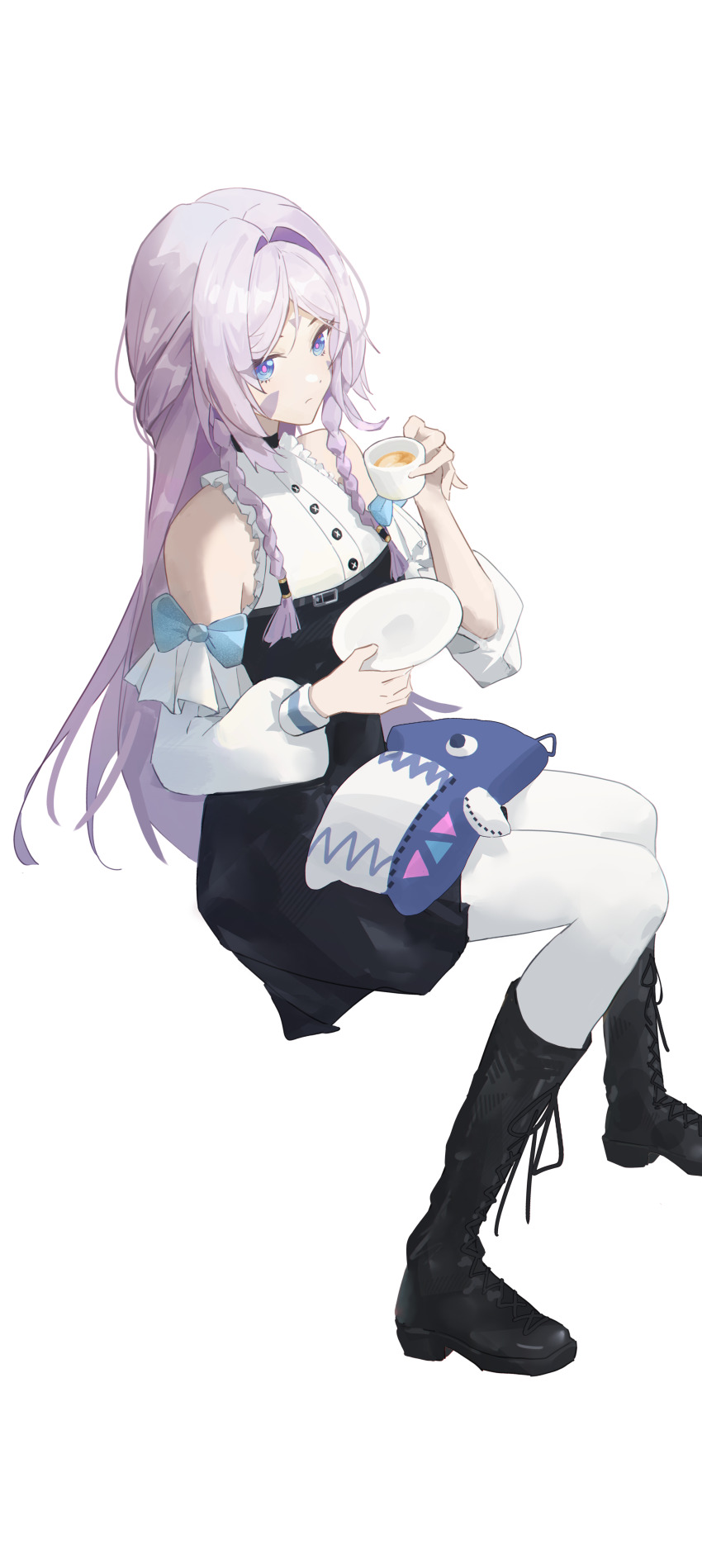 1girl, absurdres, alternate_costume, bare_shoulders, black_boots, black_dress, blue_bow, blue_eyes