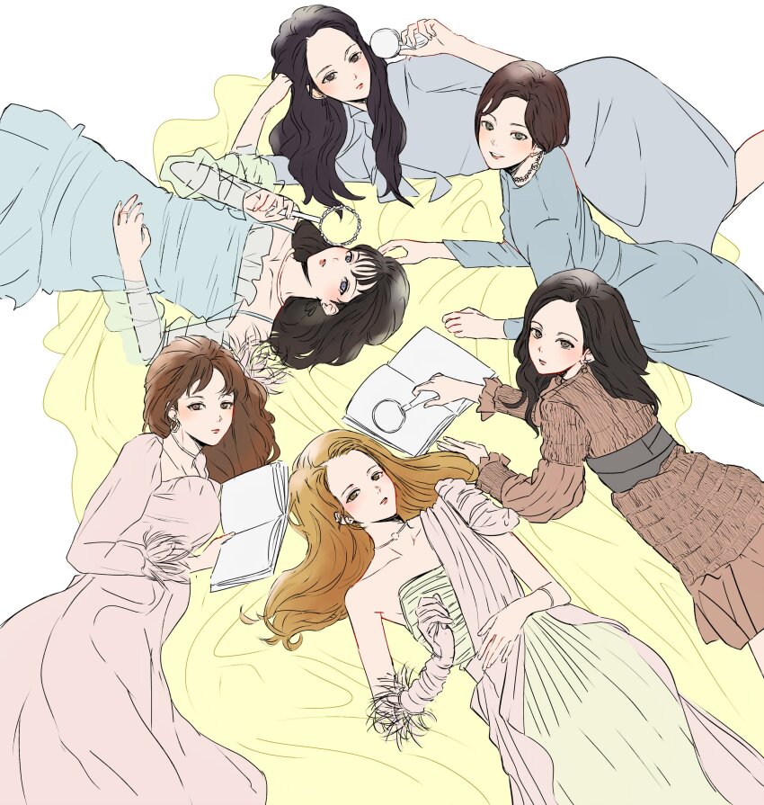 12_07sh, 6+girls, absurdres, black_hair, blonde_hair, blue_dress, book, brown_dress