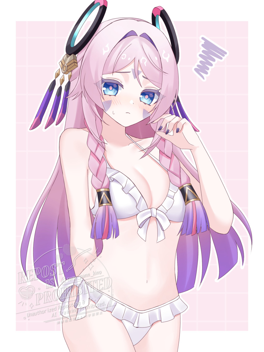 1girl, arm_behind_back, bikini, blue_eyes, blush, breasts, citlali_(genshin_impact), cleavage, collarbone, frilled_bikini, frills, front-tie_bikini_top, front-tie_top, genshin_impact, gradient_hair, hair_intakes, hand_up, highres, kino_(curry_pan), long_hair, looking_at_viewer, medium_breasts, multicolored_hair, navel, pink_hair, pink_pupils, purple_hair, purple_nails, side-tie_bikini_bottom, solo, stomach, swimsuit, white_bikini