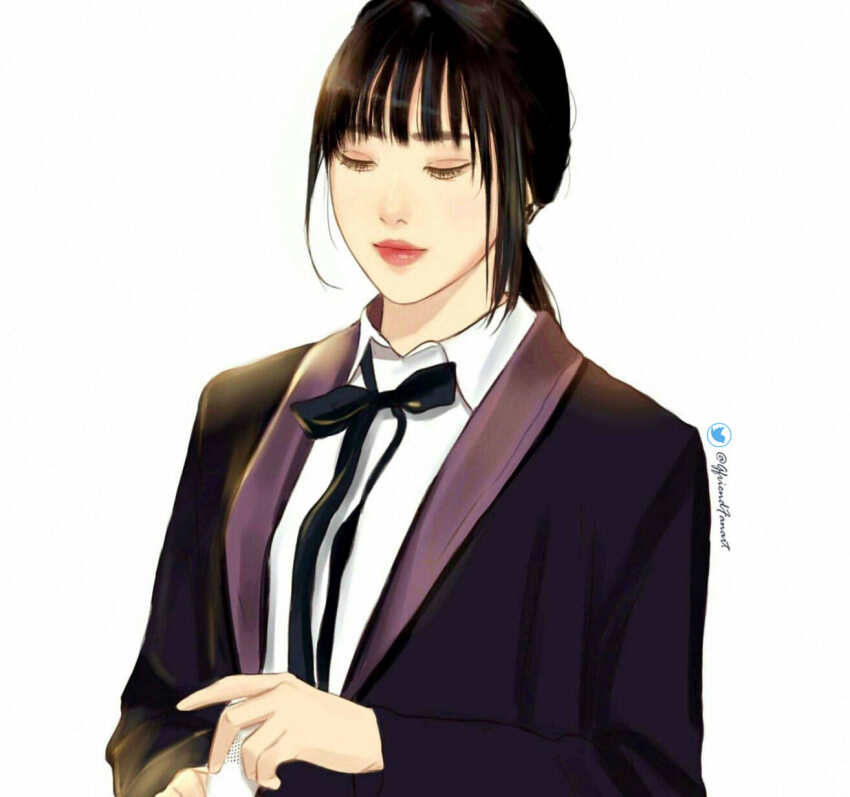 1girl, black_hair, black_ribbon, black_suit, blunt_bangs, closed_mouth, collared_shirt, commentary