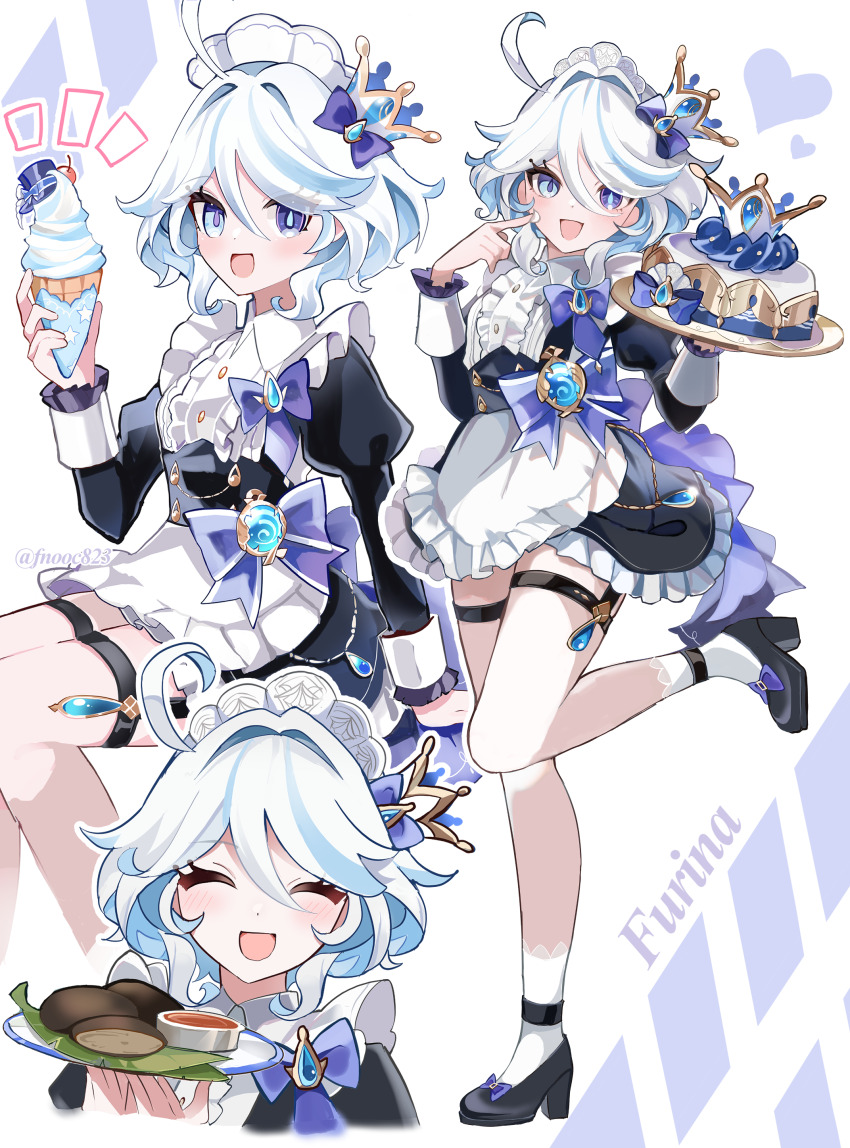 "pour_la_justice"_(genshin_impact), 1girl, :d, absurdres, ahoge, alternate_costume, apron, black_dress, black_footwear, blue_eyes, blue_hair, chaena_(exmd3552), character_name, charcoal-baked_ajilenakh_cake_(genshin_impact), closed_eyes, commentary_request, dress, english_text, enmaided, food, frilled_apron, frilled_dress, frills, full_body, furina_(genshin_impact), garter_straps, genshin_impact, hands_up, heart, heterochromia, highres, holding, holding_ice_cream_cone, holding_tray, ice_cream_cone, invisible_chair, light_blue_hair, light_blush, long_sleeves, looking_at_viewer, maid, multicolored_hair, multiple_views, open_mouth, pointing, pointing_at_self, shaved_ice, sitting, smile, standing, standing_on_one_leg, streaked_hair, tray, vision_(genshin_impact), white_apron, white_background, white_hair