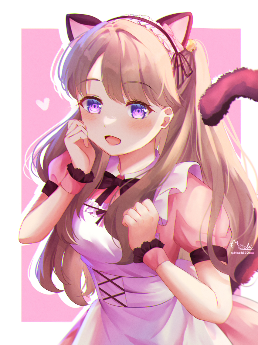:d, absurdres, animal_ears, apron, blush, border, brown_hair, cat_ears