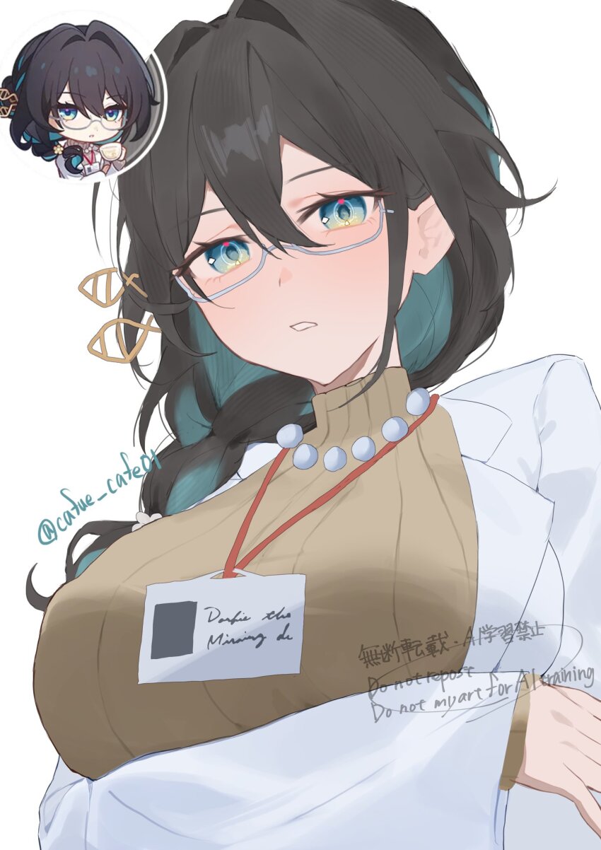 1girl, aqua_eyes, aqua_hair, arm_under_breasts, black_hair, braid, breasts, cafe_(cafue_cafe01)