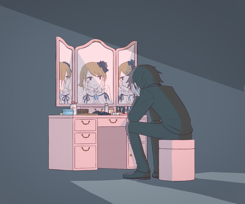 1boy, 1girl, absurdres, avogado6, black_bow, black_eyes, black_footwear, black_hair