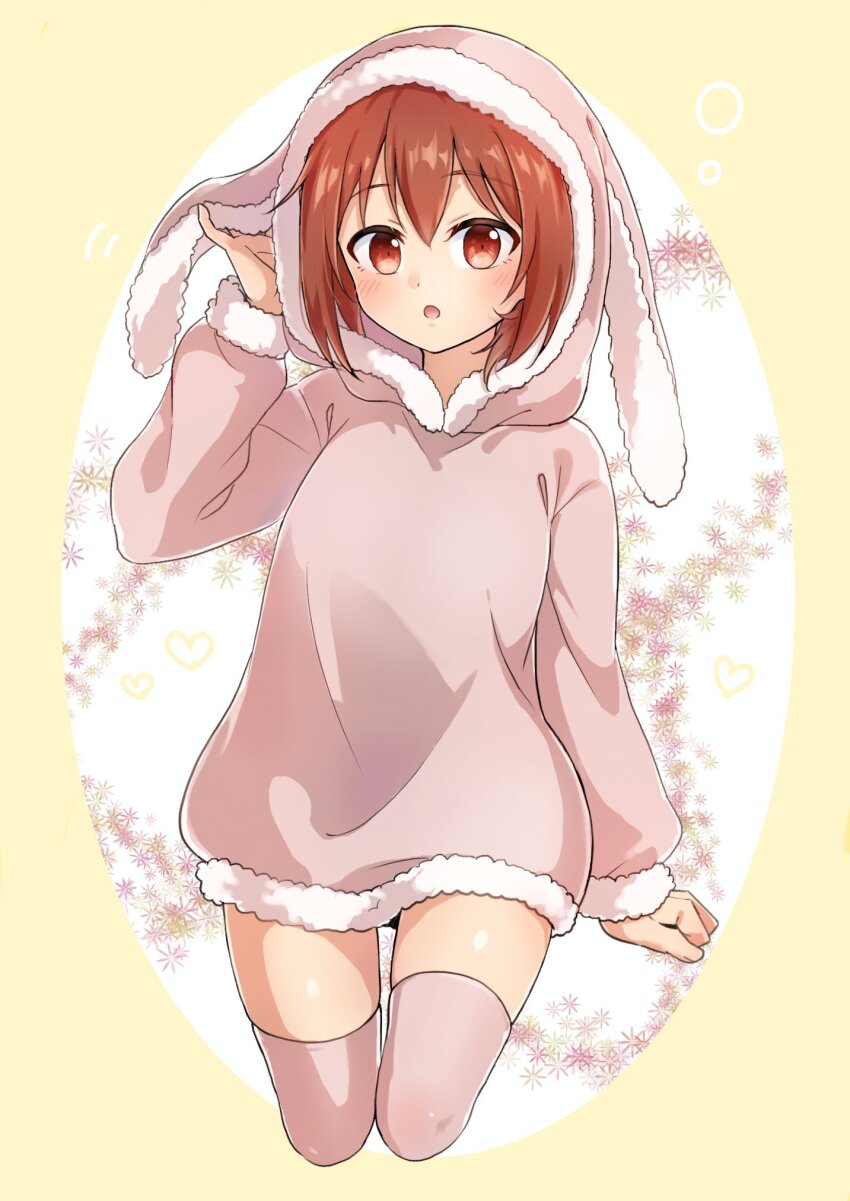 1girl, :o, animal_ears, animal_hood, blush, border, brown_eyes, brown_hair