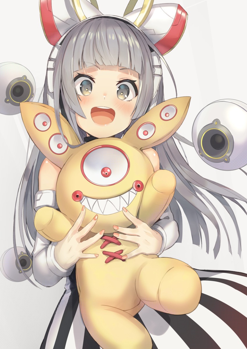 1girl, bare_shoulders, blunt_bangs, blunt_ends, blush, bright_pupils, cowboy_shot, detached_sleeves