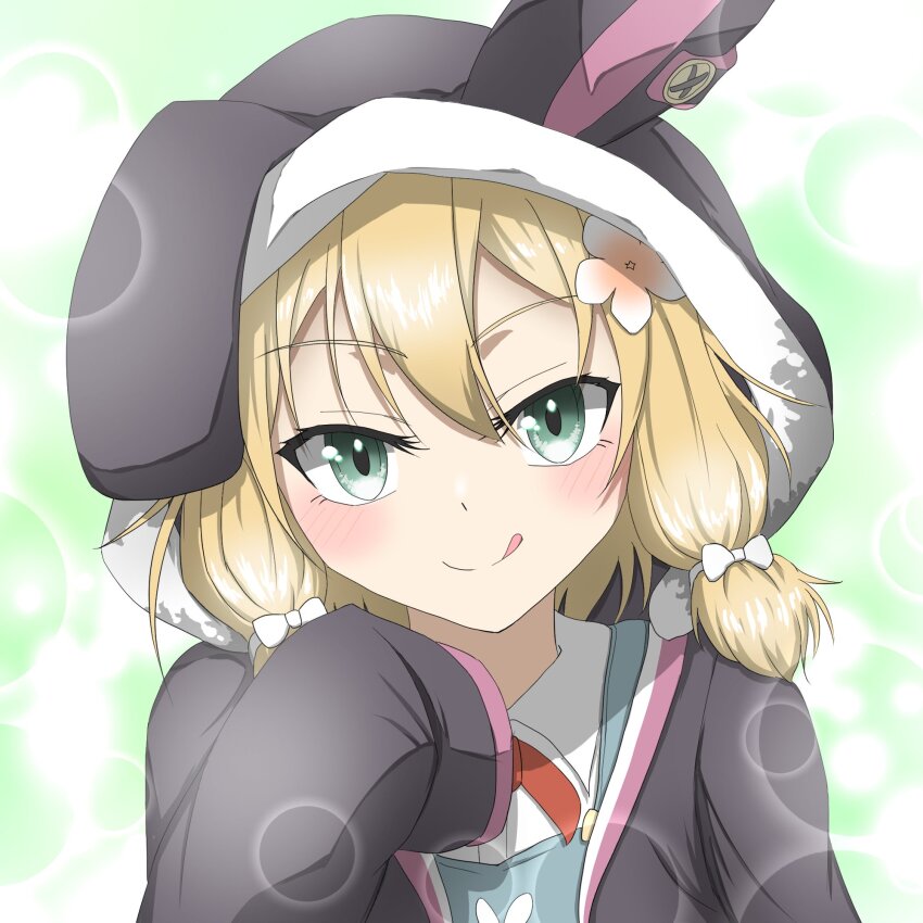 1girl, :q, akagi_yutaka, apron, blonde_hair, blue_apron, blush, closed_mouth, commentary, flower, green_eyes, hair_between_eyes, hair_flower, hair_ornament, highres, hood, hood_up, hooded_jacket, inubouzaki_itsuki, jacket, long_sleeves, looking_at_viewer, low-tied_sidelocks, neck_ribbon, open_clothes, open_jacket, orange_flower, portrait, red_ribbon, ribbon, short_hair, sidelocks, sleeves_past_fingers, sleeves_past_wrists, smile, solo, split_mouth, tongue, tongue_out, yuuki_yuuna_wa_yuusha_de_aru, yuusha_de_aru