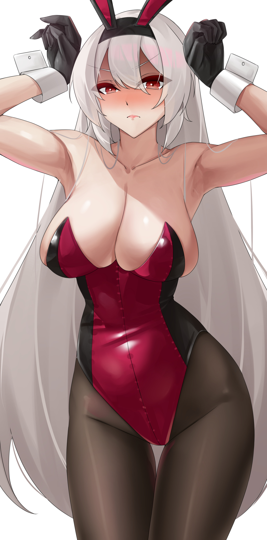 1girl, absurdres, alternate_breast_size, animal_ears, armpits, arms_up, black_gloves, black_pantyhose