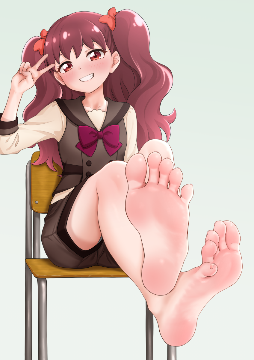 1girl, arm_up, barefoot, blush, bow, bowtie, brown_sailor_collar, brown_shorts, brown_vest, chair, collared_vest, commentary_request, feet, foot_focus, full_body, grin, highres, hinosaki, kanie_(precure), long_hair, looking_at_viewer, on_chair, orange_bow, precure, purple_bow, purple_bowtie, red_eyes, red_hair, sailor_collar, school_uniform, second_wangan_school_uniform, shorts, simple_background, sitting, smile, soles, solo, toenails, toes, twintails, v, vest, white_background, wonderful_precure!