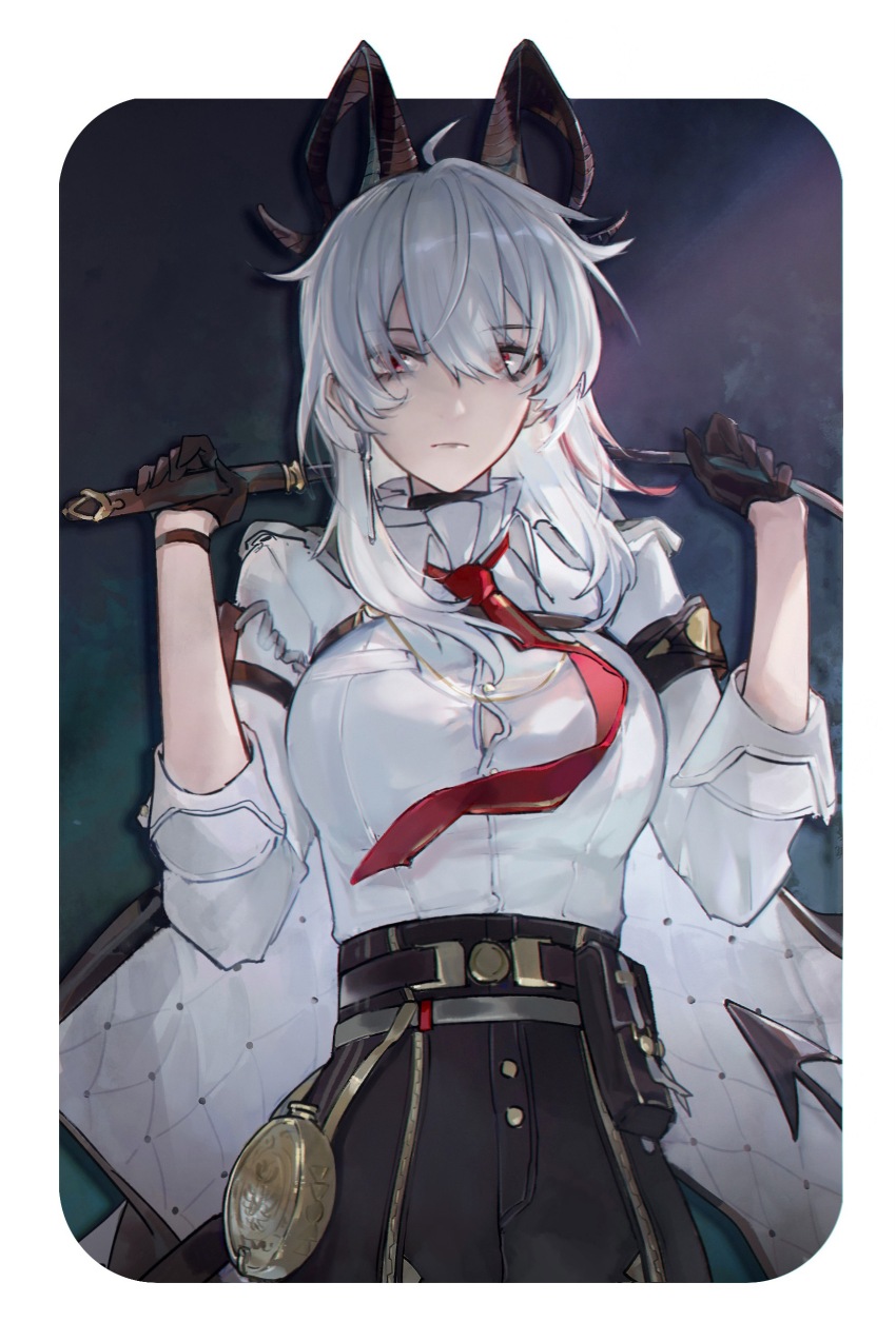 1girl, absurdres, arm_pouch, armband, black_armband, black_choker, black_gloves, black_horns