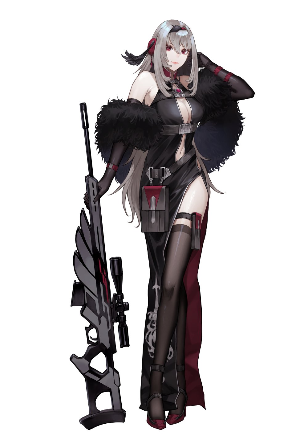 1girl, belt, black_dress, bracelet, breasts, dress, elbow_gloves, feathers