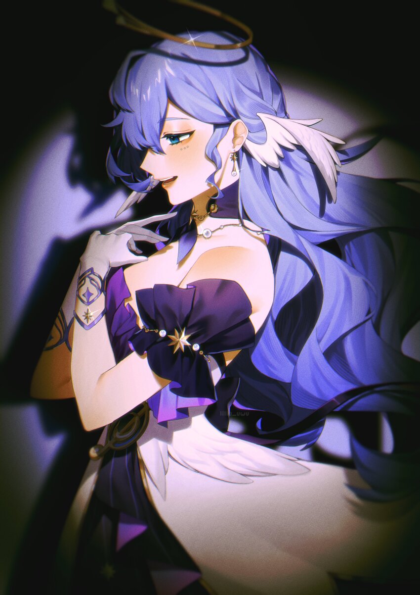 1girl, absurdres, bare_shoulders, blue_eyes, dress, gloves, halo, head_wings