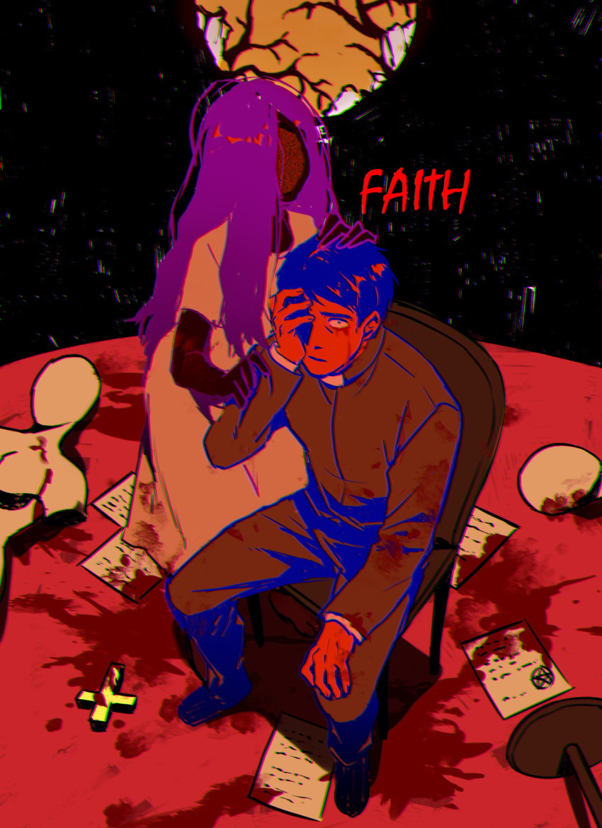 1boy, 1girl, amy_martin, black_jacket, black_pants, black_skin, blood, blood_on_clothes