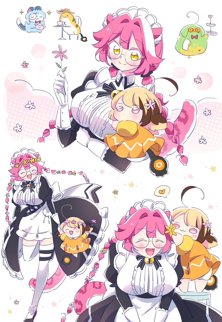 2girls, absurdres, aged_down, ahoge, alternate_costume, animal_ears, apron, bell