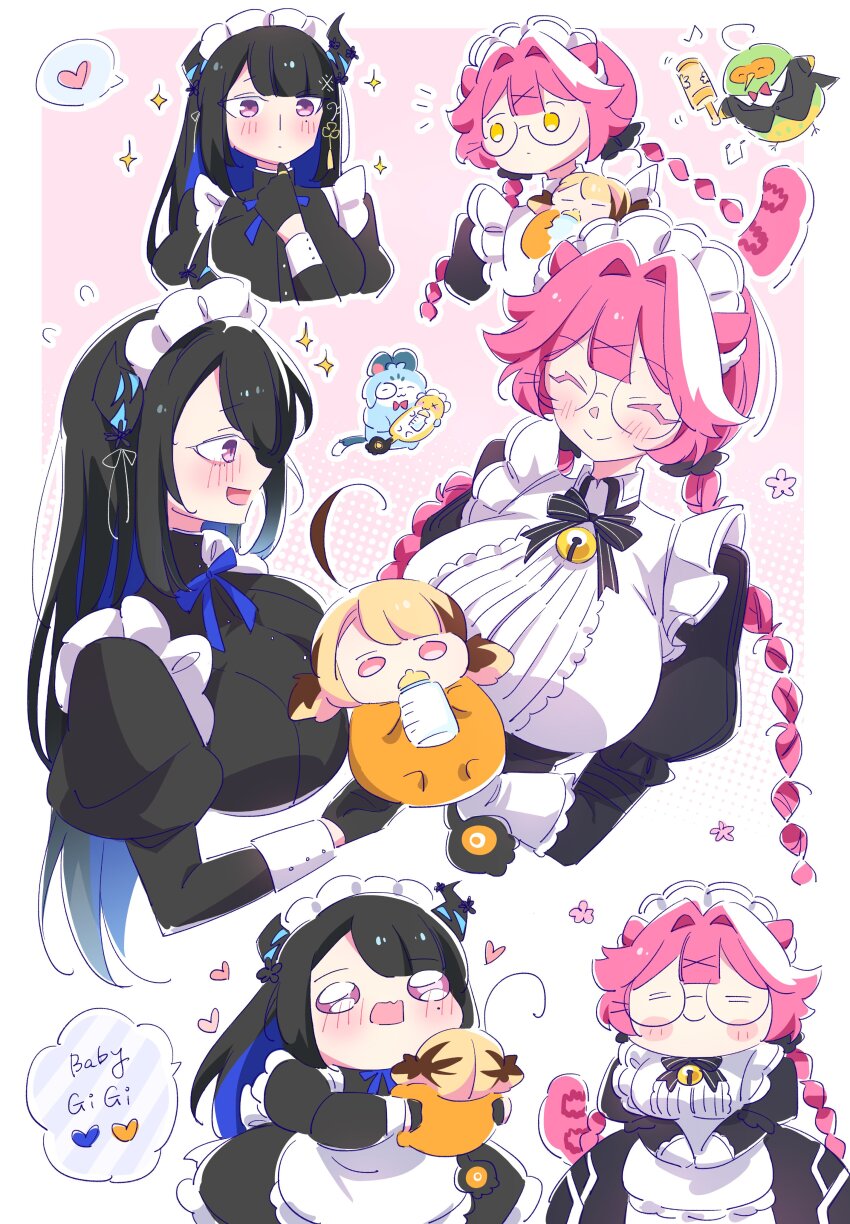 3girls, absurdres, aged_down, animal_ears, apron, baby, baby_bottle, bell