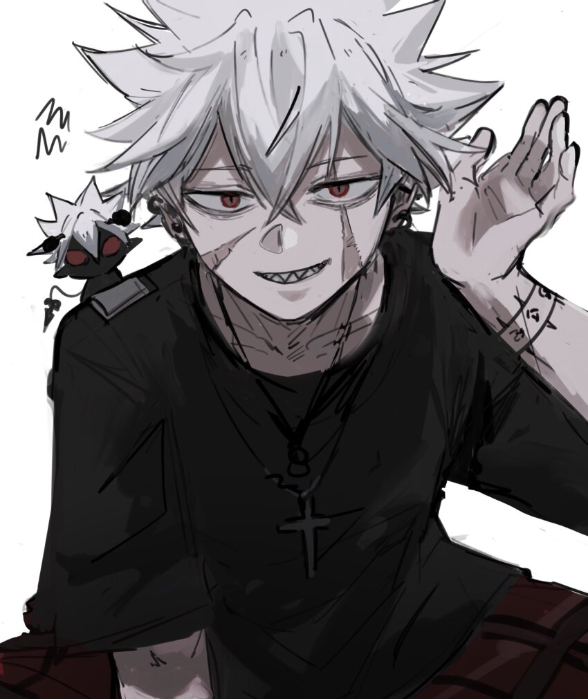 2boys, alternate_species, barbell_piercing, black_clover, black_shirt, creature, creature_on_shoulder, cross