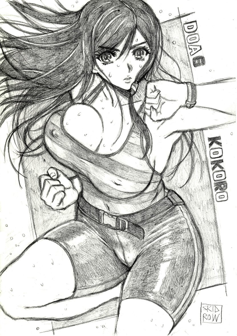 1girl, bajiquan_(martial_arts), bare_shoulders, belt, bike_shorts, black_hair, black_shorts, bouncing_breasts, breasts, cleavage, dead_or_alive, elbow_strike, kokoro_(doa), large_breasts, long_hair, monochrome, nipples_visible_through_shirt, shorts, skidrow, solo, striped_tank_top, sweat, tank_top, thick_thighs, thighs, watch