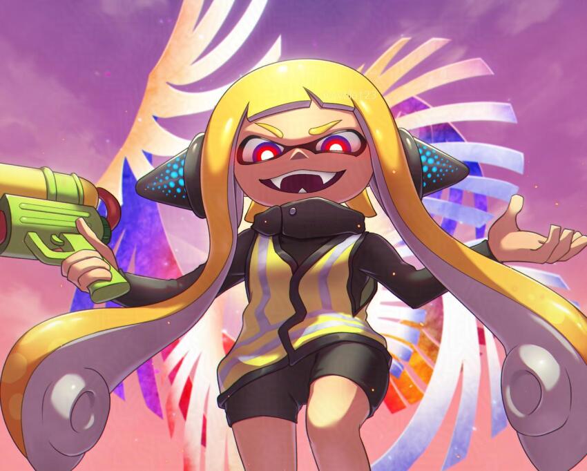 1girl, agent_3_(splatoon), behind-the-head_headphones, bike_shorts, black_jacket, black_shorts, blonde_hair, bright_pupils