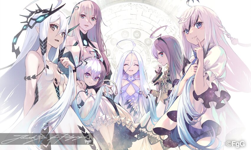 6+girls, ahoge, artist_name, bianca_(ta_ga_tame_no_alchemist), bloomers, blue_bloomers, braid, breasts, closed_eyes, commentary_request, copyright_notice, dress, hair_between_eyes, hair_ornament, highres, lil_(ta_ga_tame_no_alchemist), lil_ouroboros_(ta_ga_tame_no_alchemist), long_hair, looking_at_viewer, multicolored_hair, multiple_girls, nero_(ta_ga_tame_no_alchemist), official_art, ouroboros_(ta_ga_tame_no_alchemist), ouroboros_legacy_(ta_ga_tame_no_alchemist), profile, purple_dress, question_mark_ahoge, rinzo, second-party_source, signature, small_breasts, smile, ta_ga_tame_no_alchemist, two-tone_hair, underwear, white_dress, white_hair