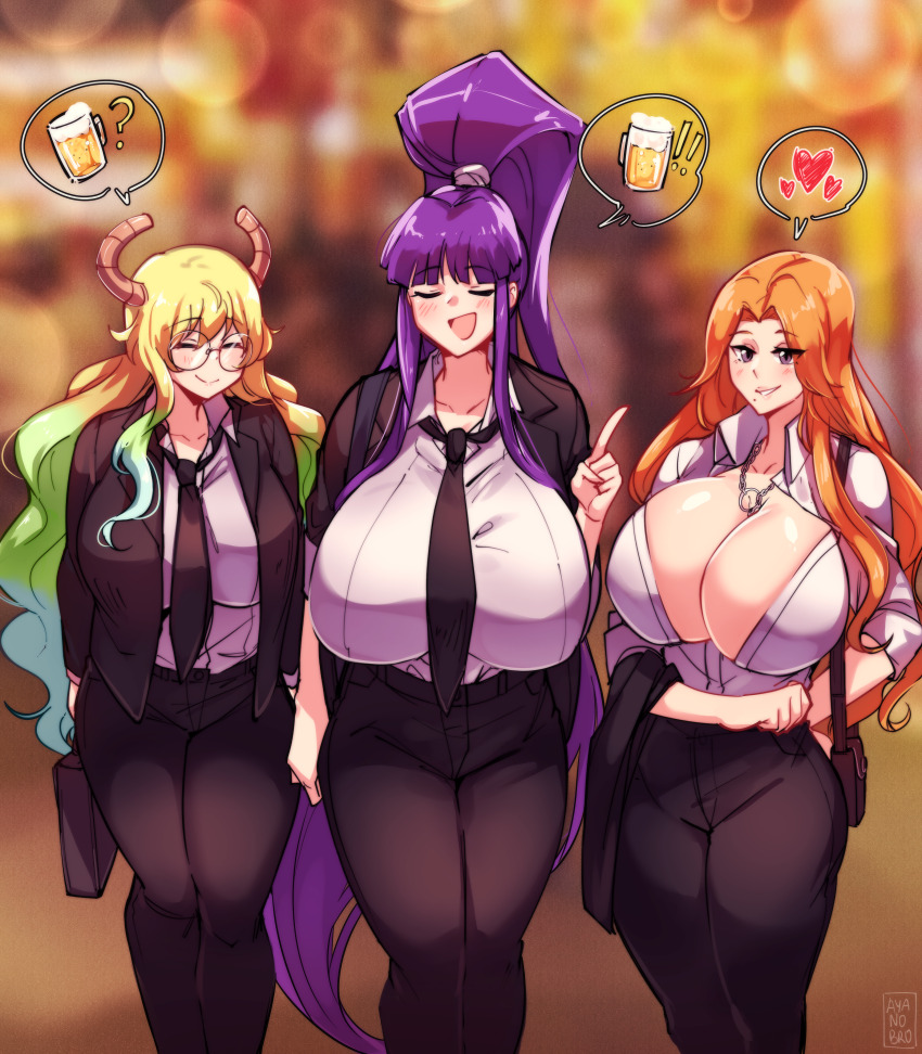 3girls, absurdres, ayanobro, bag, beer_mug, black_necktie, bleach, blonde_hair