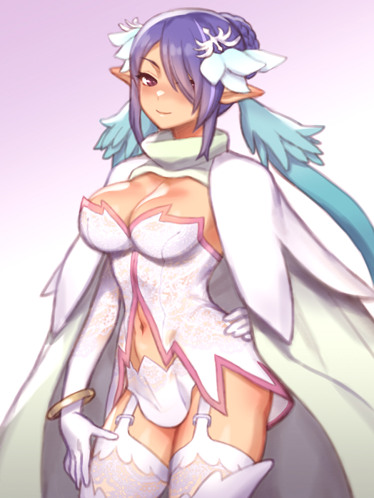 1girl, alternate_costume, bracelet, breasts, cape, cleavage, closed_mouth, commentary_request, dress, folks_(nabokof), garter_straps, hair_over_one_eye, hand_on_own_hip, jewelry, judith_(draconic_lancer)_(tales), judith_(tales), large_breasts, long_hair, navel, pink_trim, purple_hair, short_dress, sidelocks, smile, solo, tales_of_(series), tales_of_vesperia, white_cape, white_dress, white_sleeves