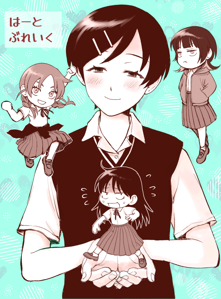 4girls, :d, ahoge, aqua_background, arm_up, blush, braid, clothes_around_waist