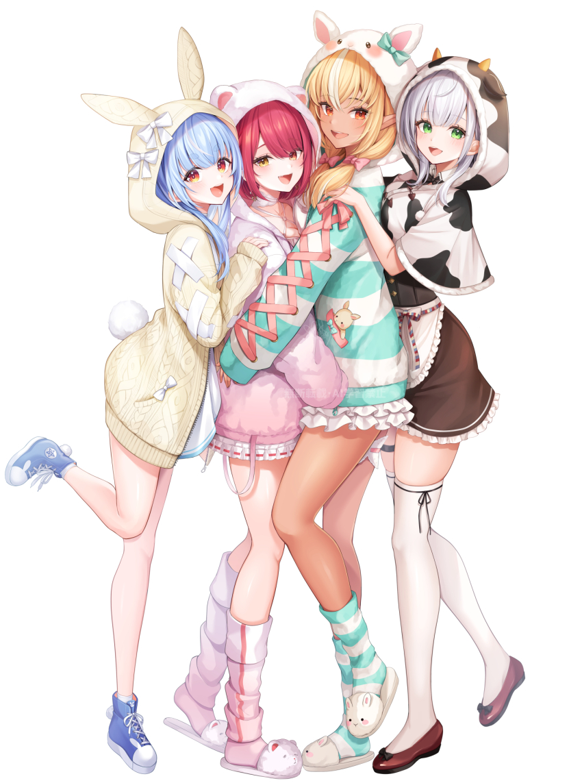 animal_ears, animal_slippers, babydoll, blonde_hair, blue_hair, blush, breasts, bunny_slippers
