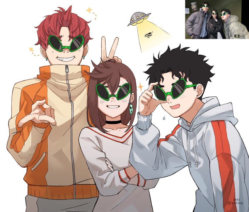 1girl, 2boys, abduction, alien_sunglasses, animal, ayase_momo, black_choker, black_hair