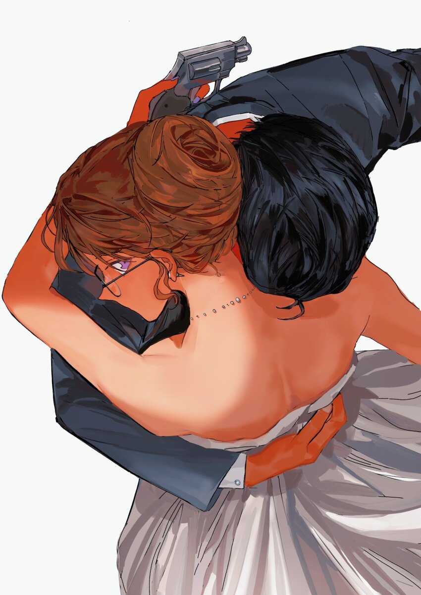 1boy, 1girl, black_hair, brown_hair, commentary, dress, earrings, formal_clothes, from_above, glasses, gun, hair_bun, hair_slicked_back, highres, holding, holding_gun, holding_weapon, hug, jewelry, kisaki_eri, looking_back, meitantei_conan, mercuryxun, mouri_kogoro, necklace, purple_eyes, simple_background, strapless, strapless_dress, suit, weapon, white_background