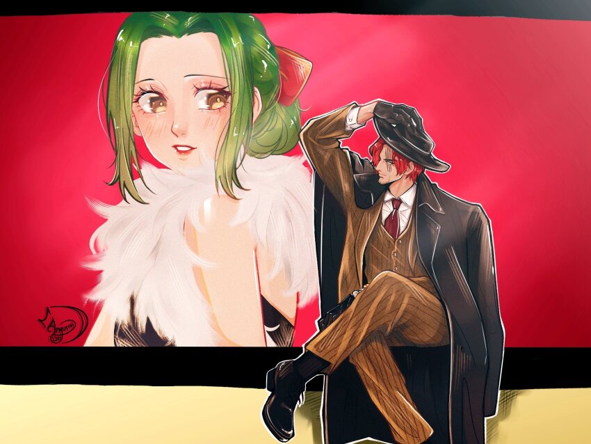 1boy, 1girl, anyumii136, beard_stubble, black_coat, black_gloves, black_hat, blush