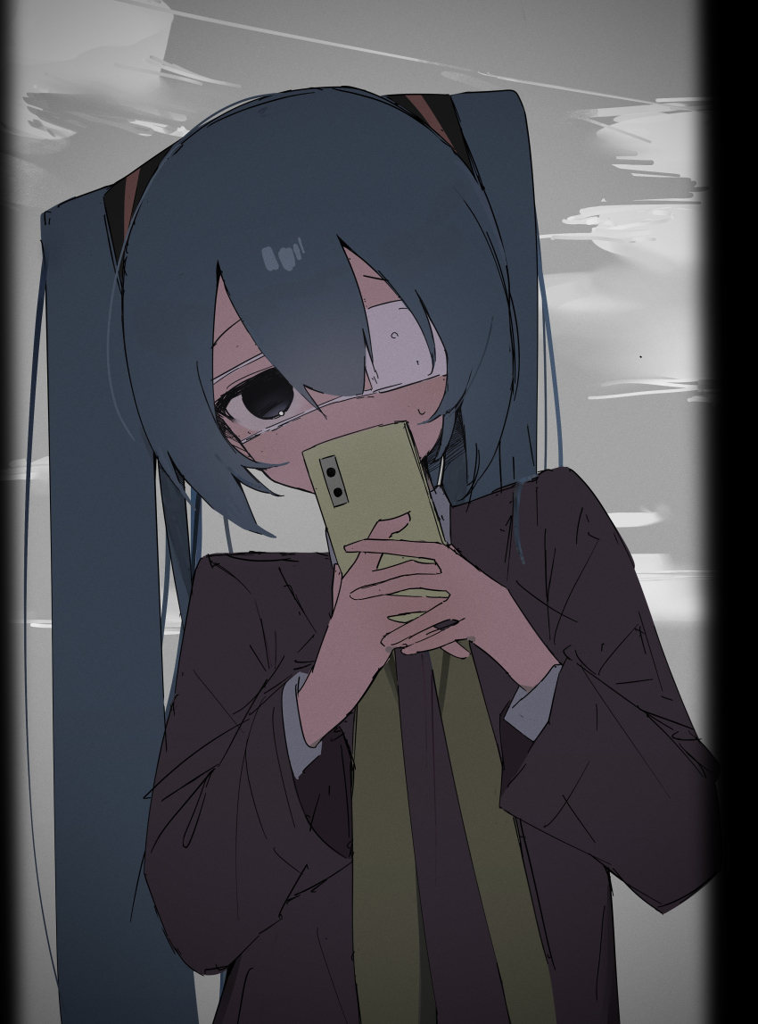 14u0, 1girl, absurdres, black_eyes, black_jacket, black_necktie, blue_hair, cellphone