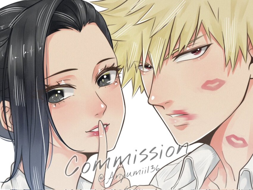 1boy, 1girl, anyumii136, bakugou_katsuki, black_hair, blonde_hair, boku_no_hero_academia, close-up
