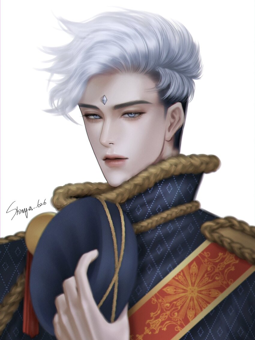 1boy, closed_mouth, commentary_request, diamond_(shape), facial_mark, glacier_(sugar_sugar_rune), hat, high_collar