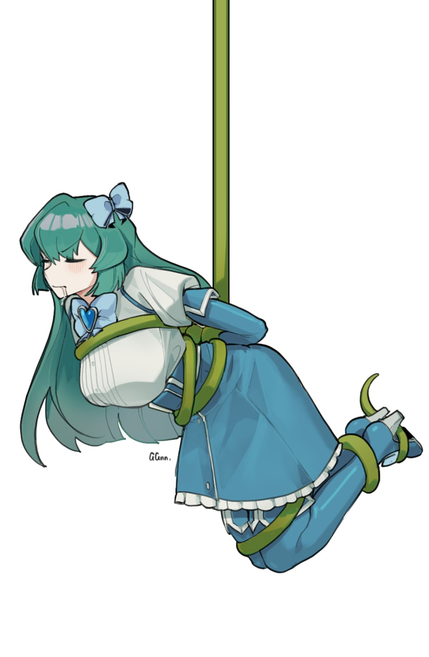 1girl, artist_name, blue_bow, blue_bowtie, blue_gem, blue_gloves, blue_ribbon, blue_skirt