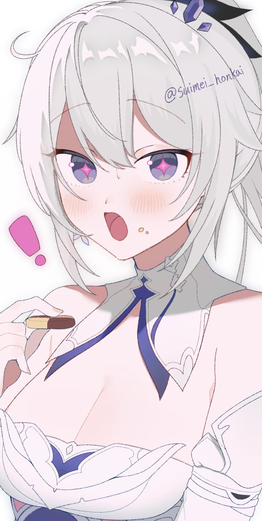 !, +_+, 1girl, absurdres, bare_shoulders, blush, cookie, detached_collar, detached_sleeves, dress, food, highres, holding, holding_cookie, holding_food, honkai_(series), honkai_impact_3rd, kiana_kaslana, kiana_kaslana_(apho), looking_at_viewer, open_mouth, pink_pupils, purple_eyes, solo, strapless, strapless_dress, sui_mei, upper_body, white_background, white_dress, white_hair